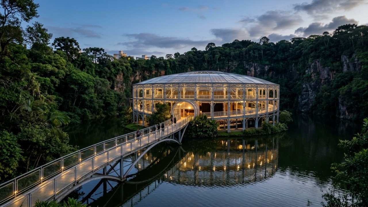 O inovador teatro circular de tubos de aço construído em tempo recorde de 75 dias e com capacidade para receber 1.572 espectadores no Paraná