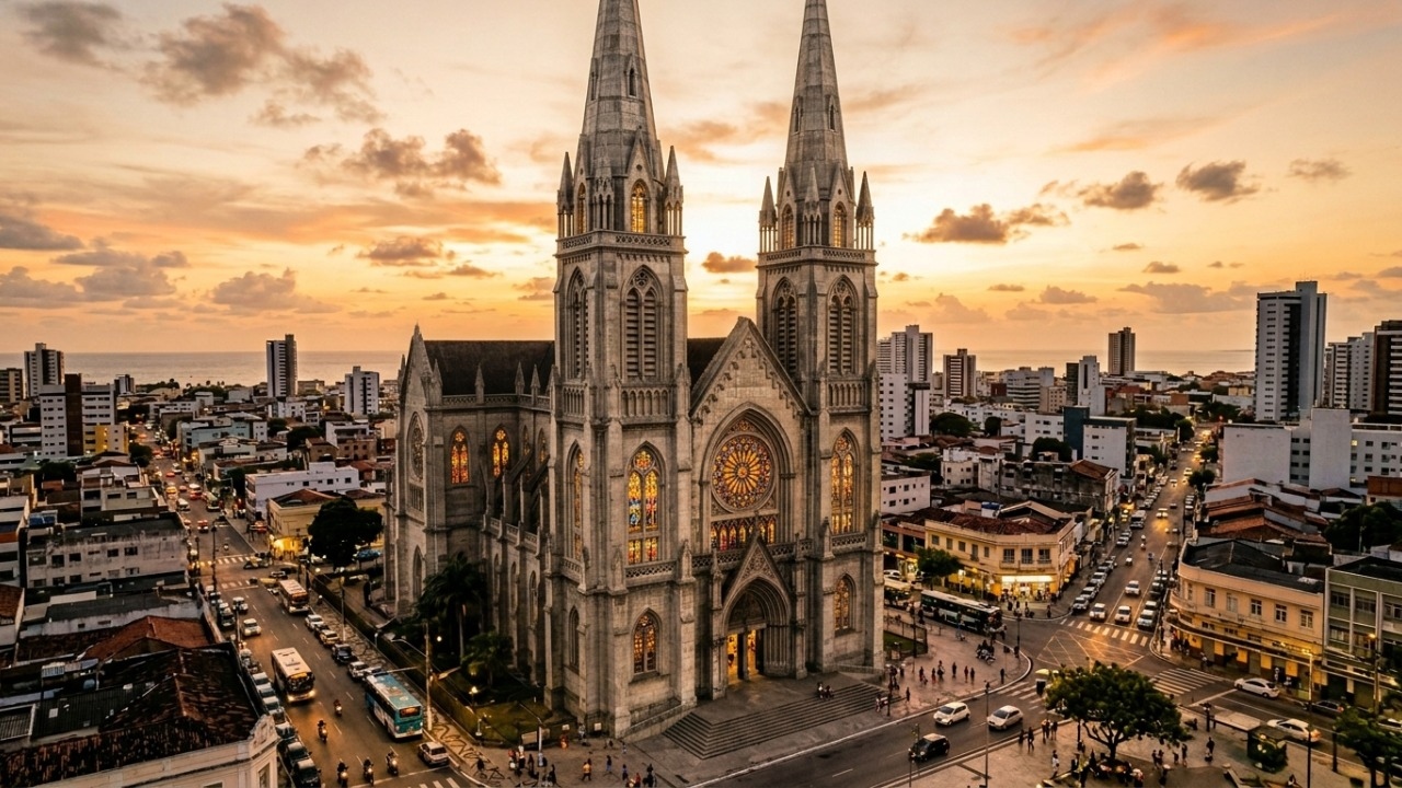 Projetada em estilo neogótico e finalizada em 1978 após quatro décadas de obra, a catedral domina o horizonte cearense com suas torres de 75 metros