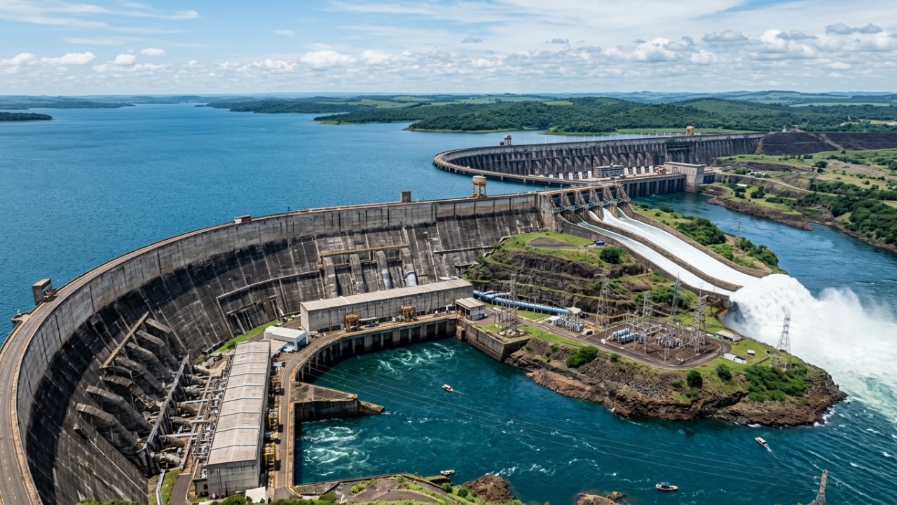 Com 7.919 metros de extensão e 196 metros de altura, a barragem de Itaipu surge como o maior recorde de engenharia e energia do Brasil