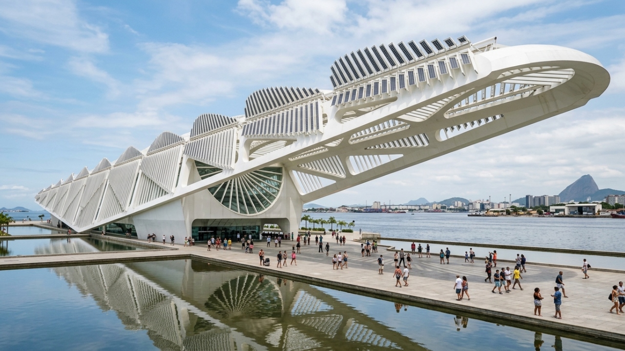 Projetado por Santiago Calatrava em 15.000 m², o museu carioca utiliza luz solar para mover suas aletas e questionar o futuro do planeta