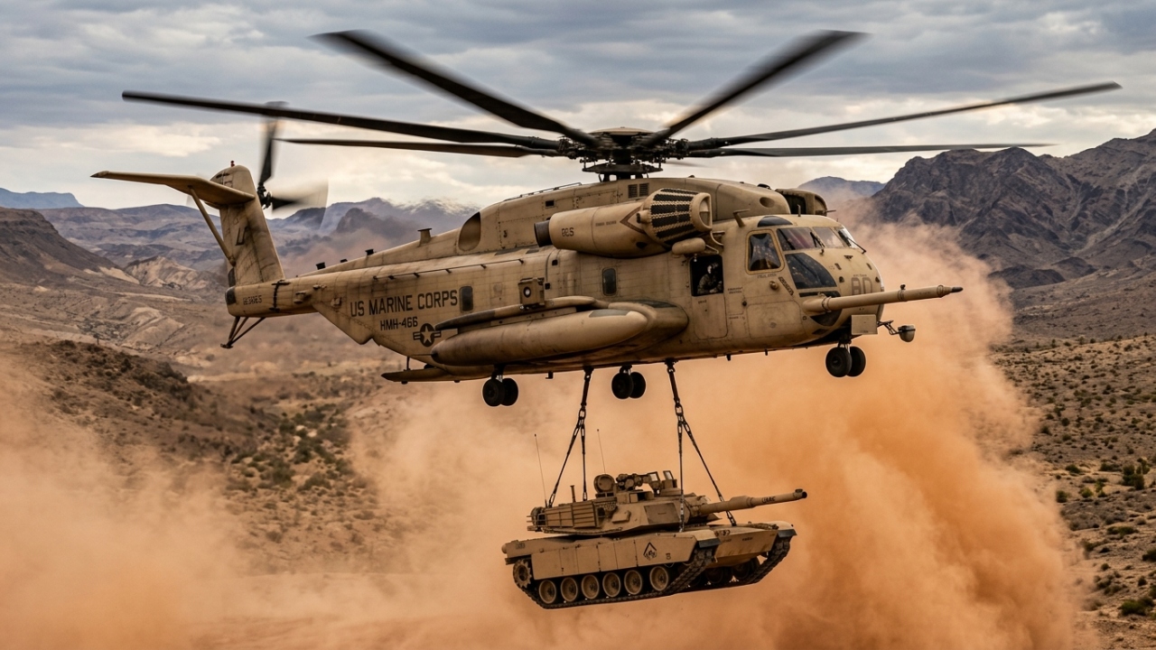 Equipado com 3 motores e 24 metros de rotor, este gigante dos fuzileiros americanos carrega cargas pesadas sob condições brutais