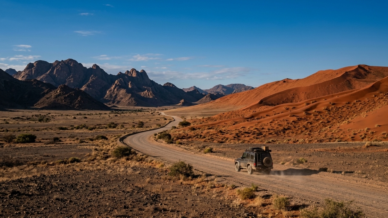 Cortando 120 km de desertos e dunas vermelhas, a Rota D707 na Namíbia surge como o caminho mais fotogênico para o Sossusvle