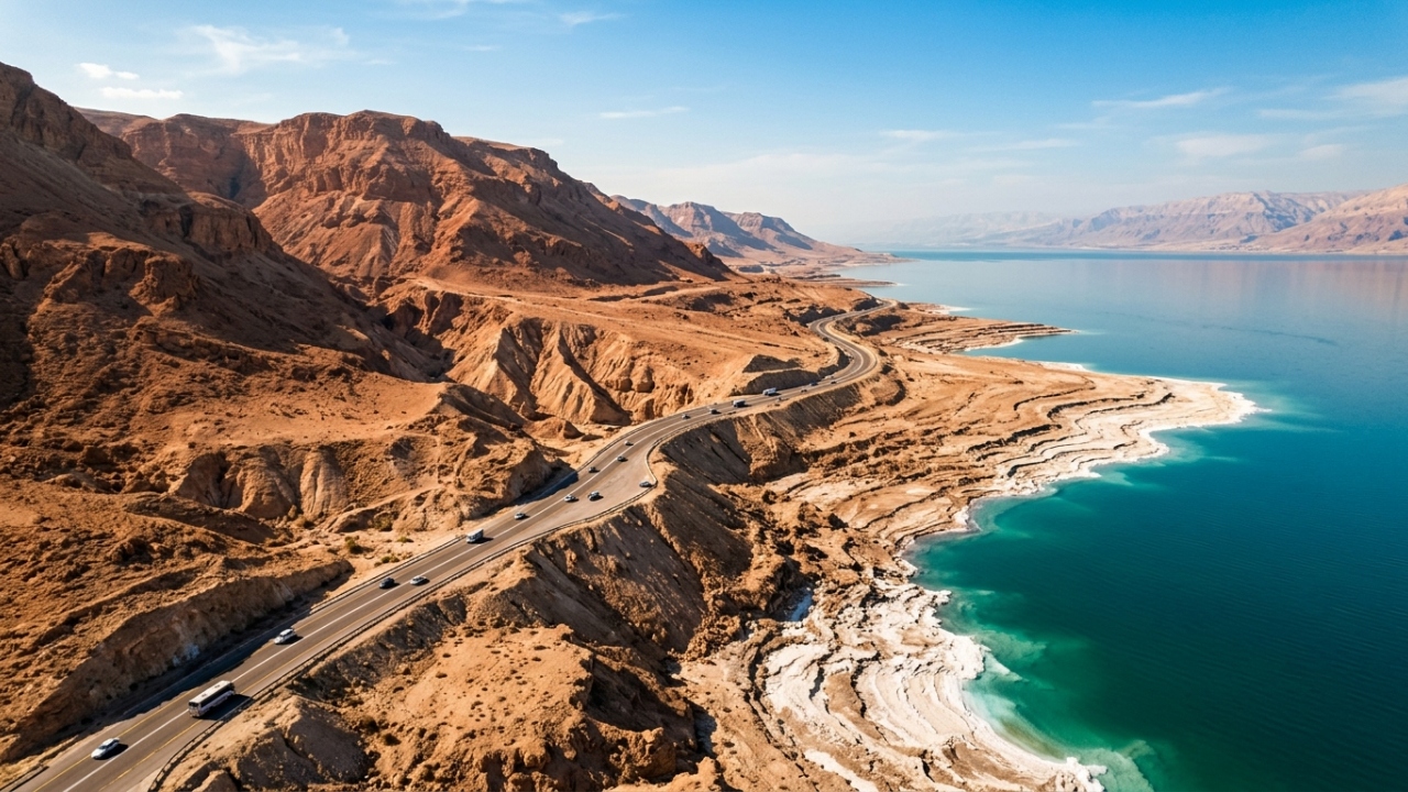 Situada a 400 metros abaixo do nível do mar, a rodovia jordaniana percorre 60 km margeando o ponto mais baixo do planeta Terra