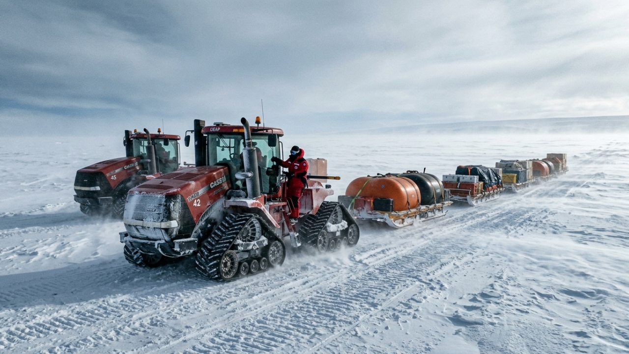 Percorrendo 1.600 km sobre o gelo infinito da Antártida, a rota de suprimentos exige semanas de travessia extrema para alcançar o Polo Sul