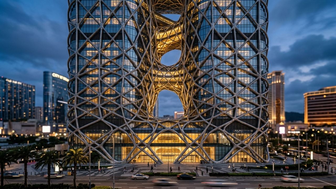 Com 28 mil toneladas de aço e design futurista, o hotel de 42 andares virou a primeira estrutura do mundo com exoesqueleto de forma livre