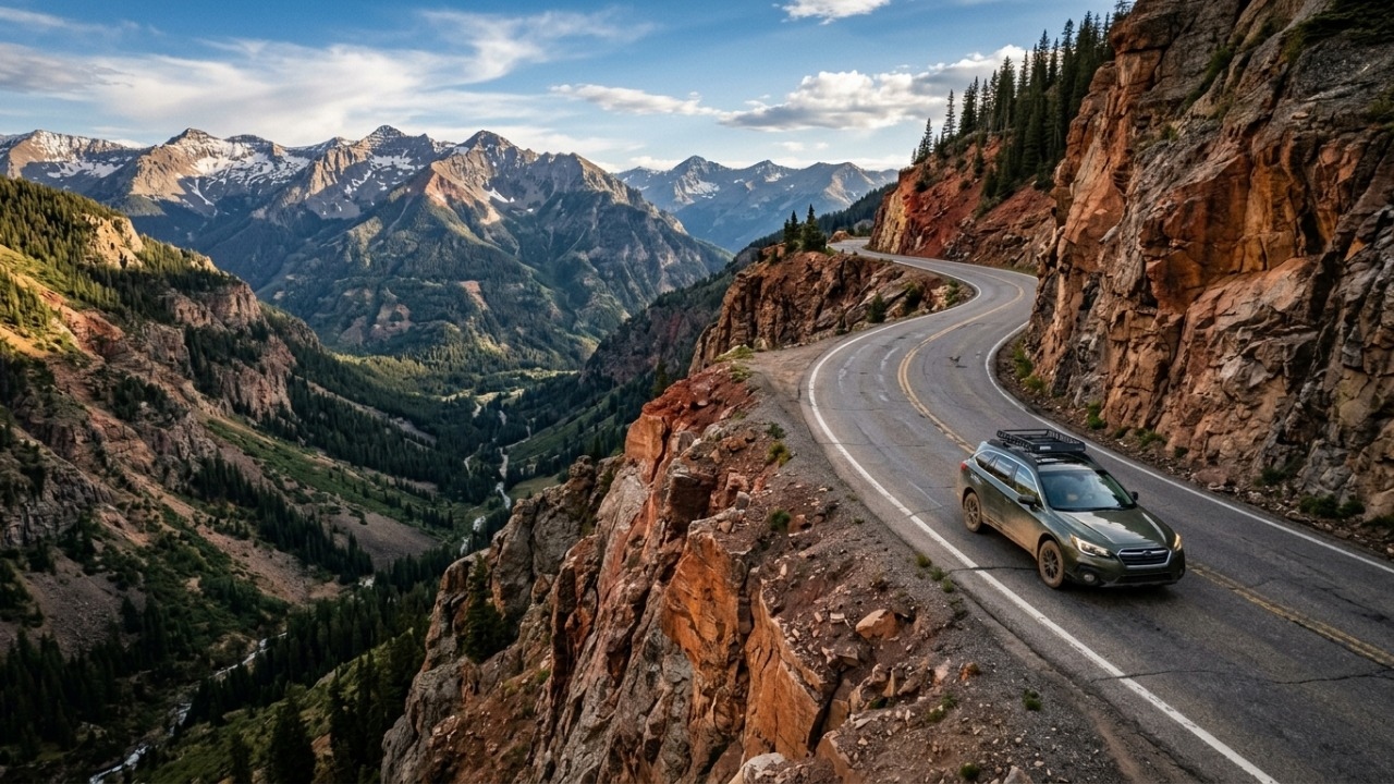 Com extensão de 40 km marcada por desfiladeiros e vistas vertiginosas, a rota no Colorado é um desafio épico para motoristas experientes