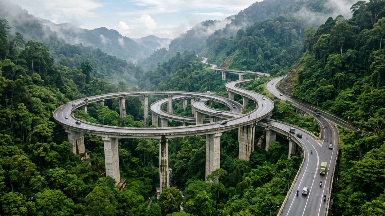 Elevando-se a 50 metros sobre a selva com 6 viadutos em 2,5 km, a Kelok 9 na Indonésia virou um recorde de engenharia em áreas tropicais