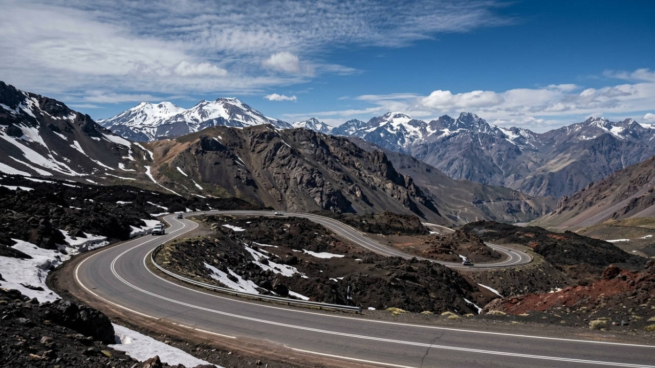 Situada a 2.553 metros de altitude nos Andes, a passagem de Pehuenche une Chile e Argentina através de um asfalto moderno e sinuoso