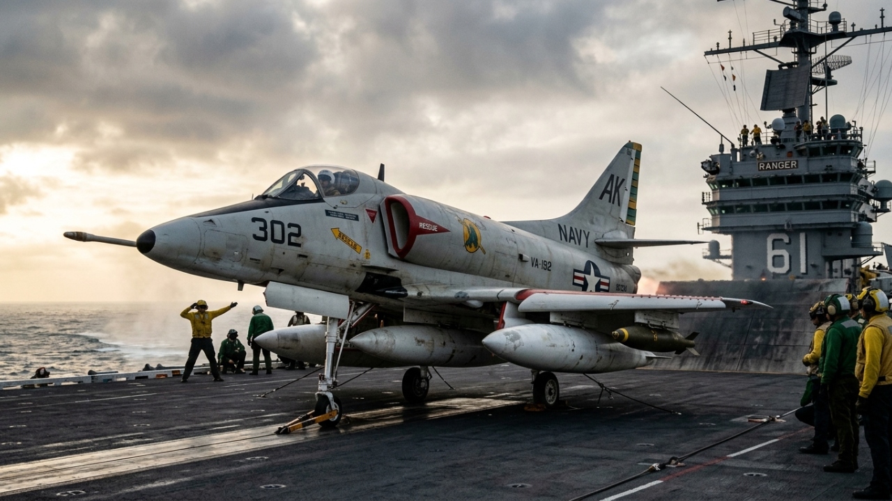 Pesando apenas 4.750 kg vazio, o caça Skyhawk de 1954 tornou-se um ícone de agilidade e ataque embarcado da Marinha americana