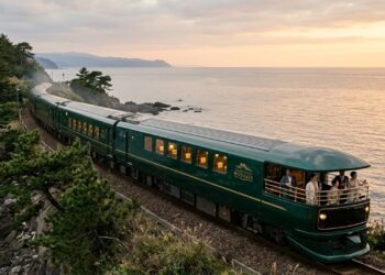 O expresso de luxo japonês oferece alta gastronomia e varandas abertas nas pontas para apreciar a imensidão do Mar do Japão