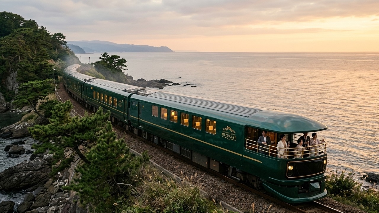 O expresso de luxo japonês oferece alta gastronomia e varandas abertas nas pontas para apreciar a imensidão do Mar do Japão