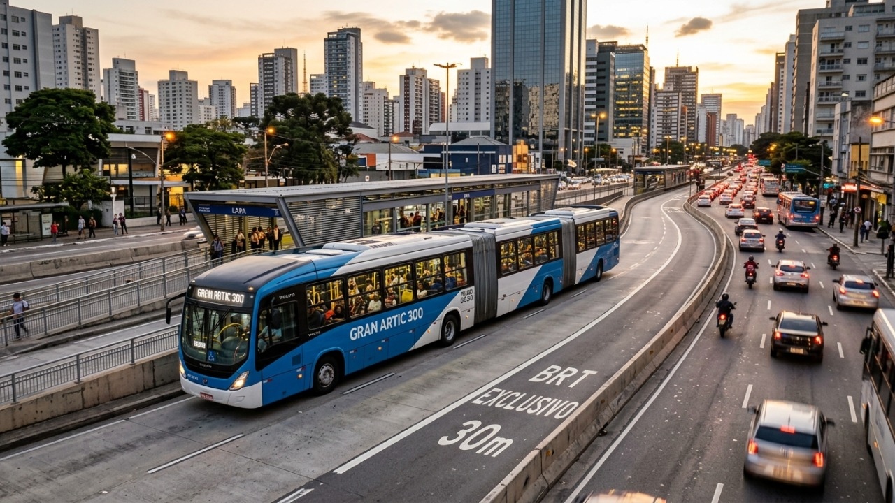 O ônibus de 30 metros que leva até 300 passageiros parece um trem sobre pneus e pode substituir três veículos comuns no corredor