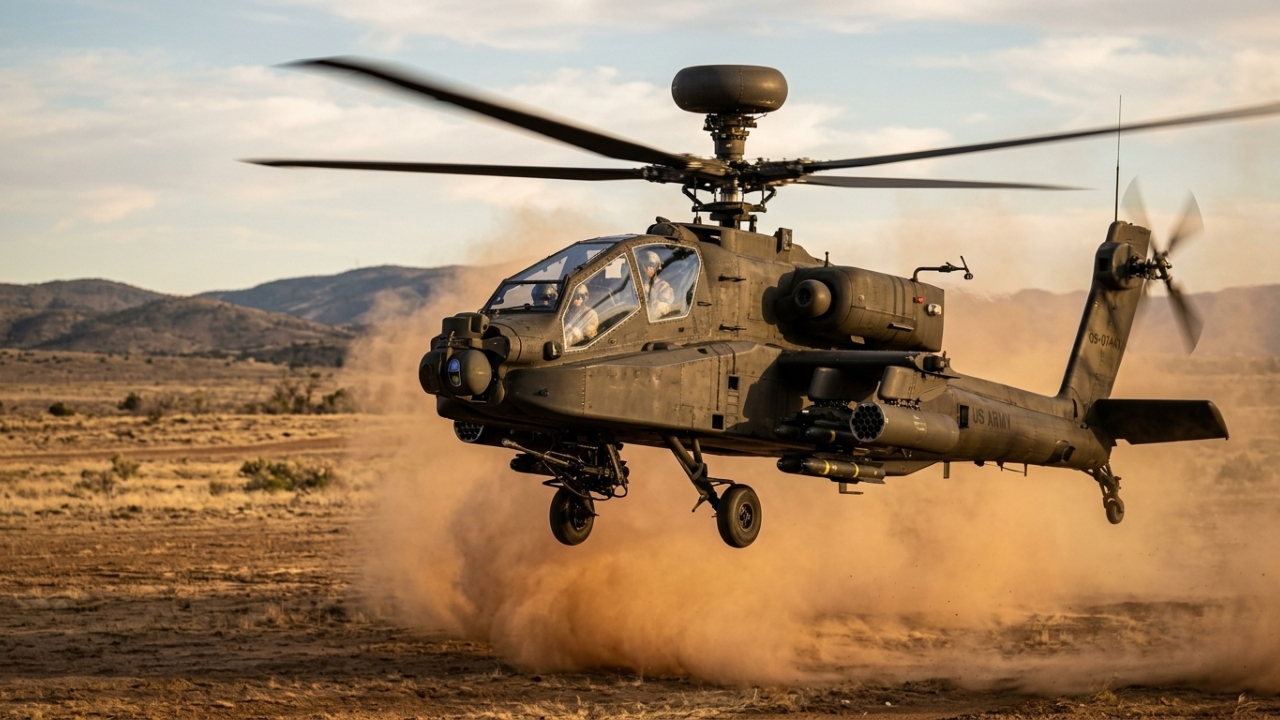 Armado com canhão de 30mm e motores potentes, o Apache surge como o padrão de referência em precisão e letalidade na engenharia militar moderna