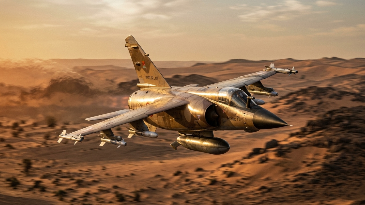 Com velocidade de Mach 2.1 e asas enflechadas, o Mirage F1 da França virou um interceptador icônico que operou em diversos conflitos ao redor do mundo