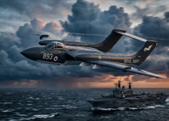 Com design de fuselagem dupla e motores potentes, o Sea Vixen britânico atingia 1.110 km/h, dominando a aviação naval dos anos 50