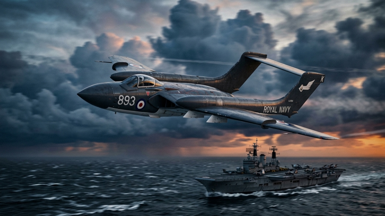 Com design de fuselagem dupla e motores potentes, o Sea Vixen britânico atingia 1.110 km/h, dominando a aviação naval dos anos 50