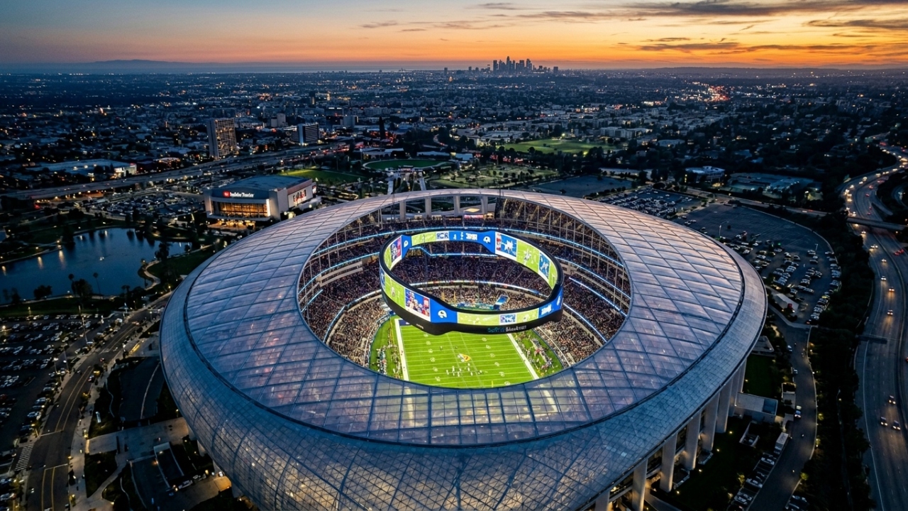 Custo de US$ 5,5 bilhões e telão de 1.000 toneladas definem esta arena de Inglewood, a mais cara de toda a NFL