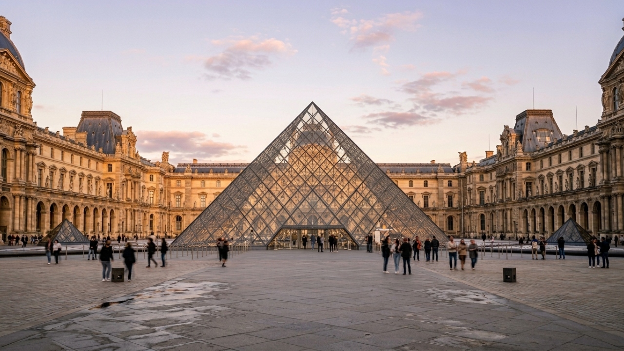 Com 21,6 metros de altura e 673 placas de vidro, a Pirâmide do Louvre surge como o maior marco da arquitetura moderna em Paris
