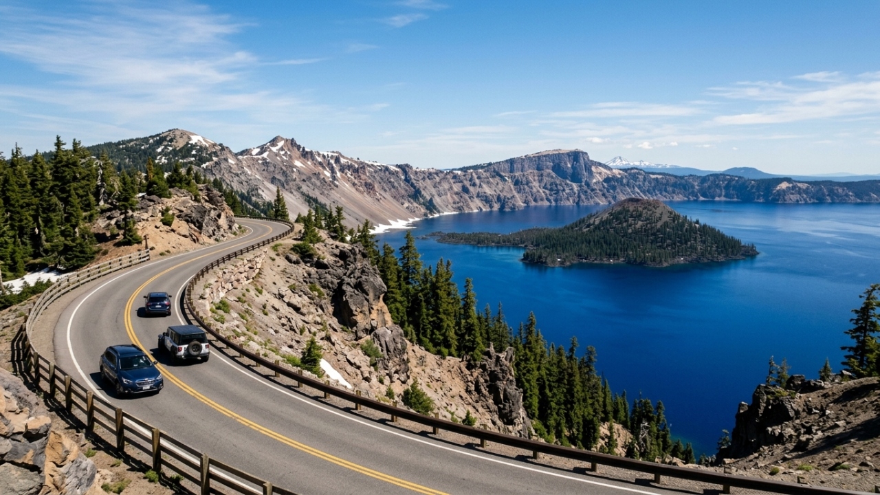 Estrada no Oregon, com 53 km de extensão, circunda o lago mais profundo dos EUA e é um dos maiores marcos da engenharia cênica americana