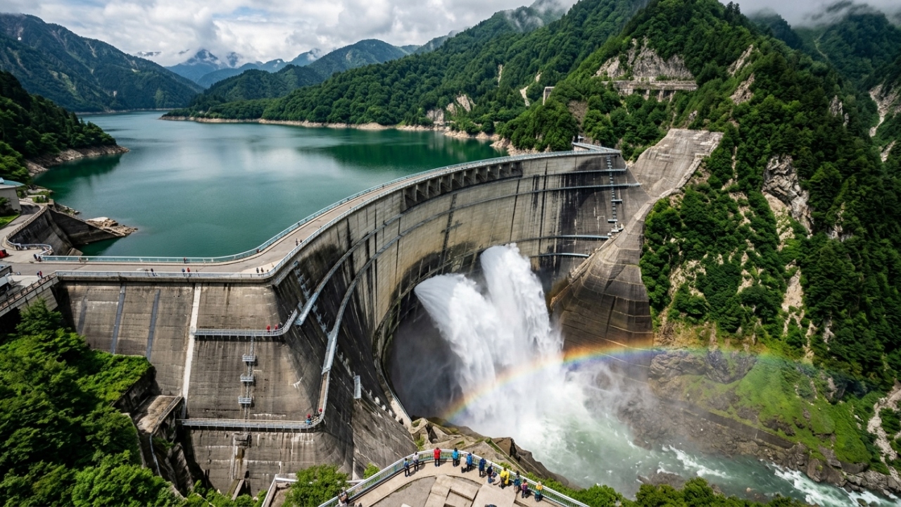 A represa Kurobe tem 186 metros de altura; sendo a maior do Japão, ela produz energia para abastecer milhões de casas no arquipélago