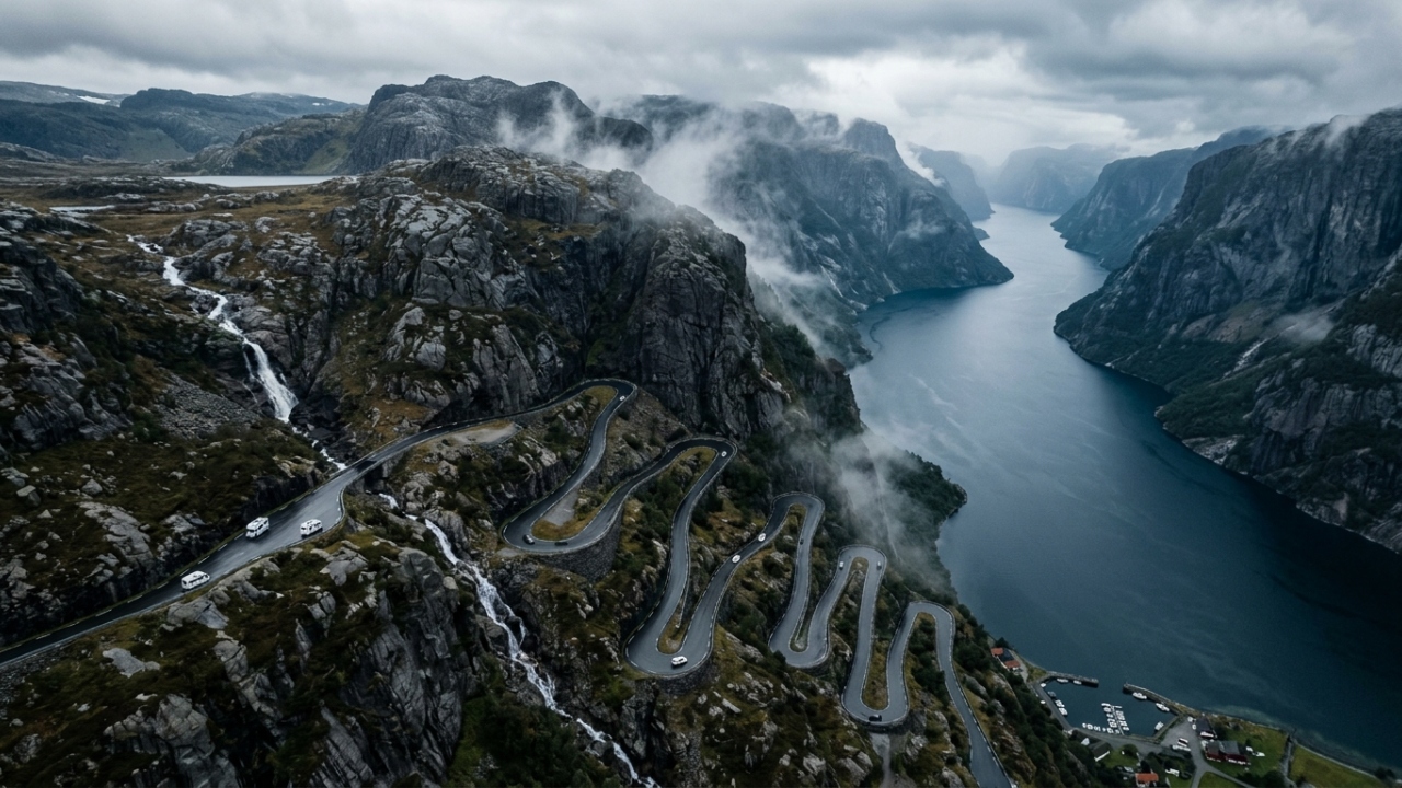 Esta rodovia norueguesa desce das montanhas com 27 curvas fechadas e um declive acentuado até chegar ao nível do fiorde
