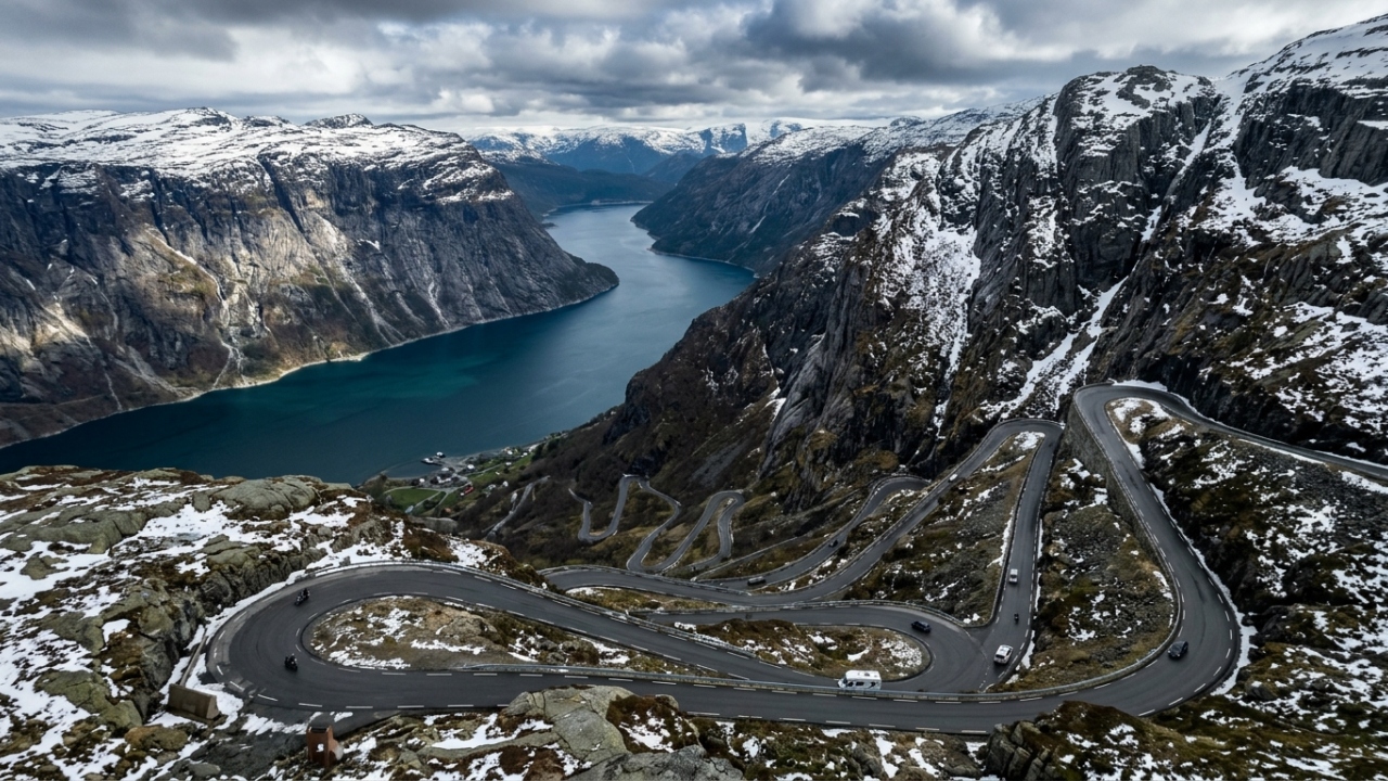 Descendo 900 metros em 27 curvas fechadas, a estrada norueguesa Lysebotn surge como o trajeto mais íngreme e desafiador da Escandinávia