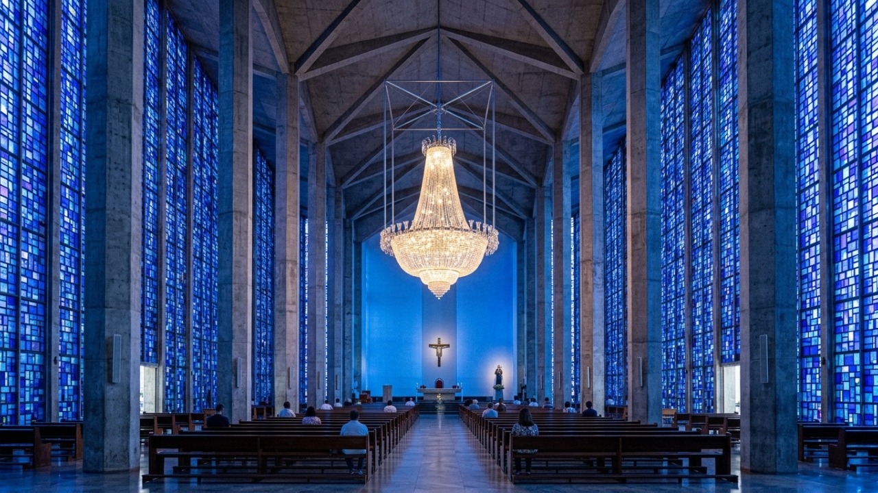 Com 80 colunas de 16 metros de altura e vitrais em 12 tons de azul, o Santuário Dom Bosco em Brasília é um marco mundial de luz e arquitetura