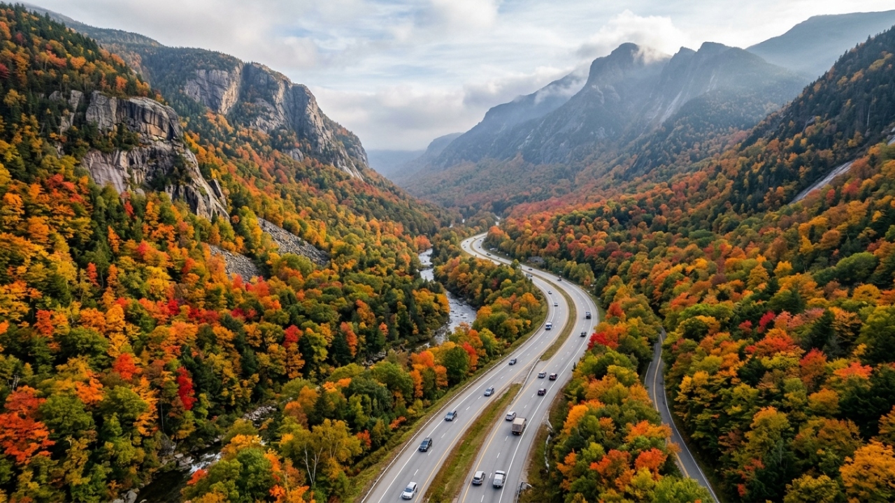A rodovia I-93 cruza 300 km de montanhas e florestas, apresentando um dos trechos mais cênicos e complexos do nordeste dos EUA