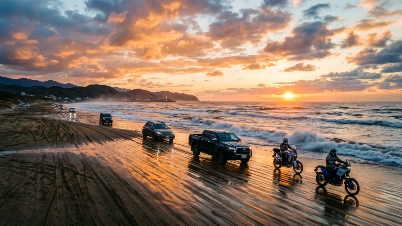 A rodovia na praia de Chirihama possui 8 km de extensão; sendo a única do Japão onde carros podem dirigir diretamente sobre a areia