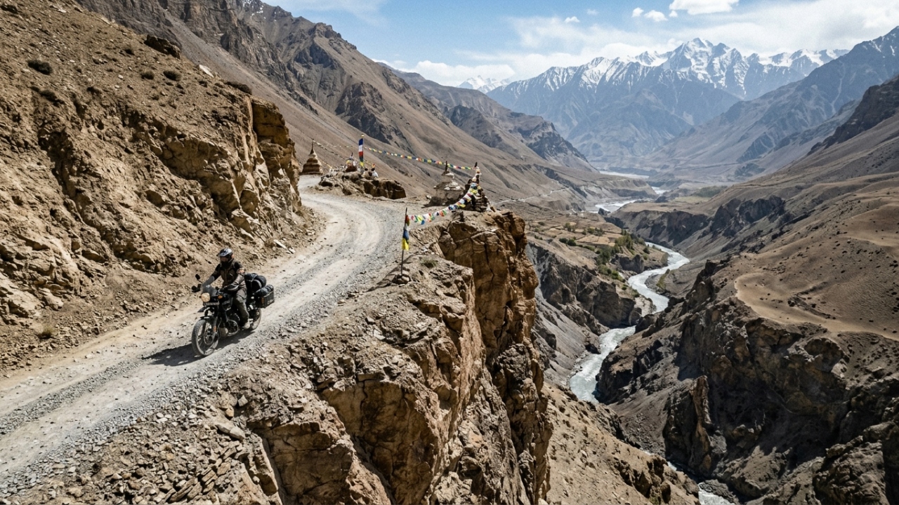 A rodovia Spiti Valley sobe a 4.551 metros; com seus precipícios verticais, a estrada é um dos trajetos mais isolados e perigosos do Himalaia
