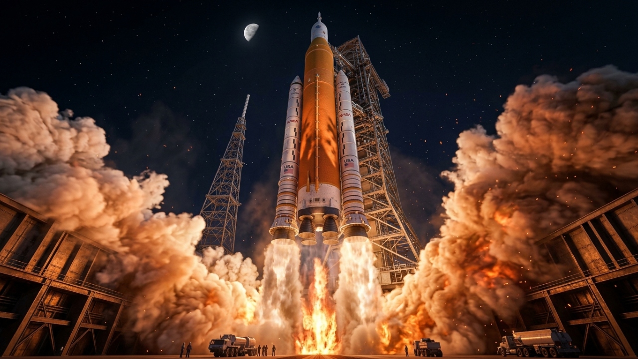 Gerando 4 milhões de quilos de empuxo, o foguete de 98 metros da NASA tornou-se a peça central para o retorno humano à superfície lunar