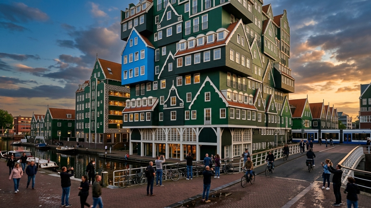 Com fachadas formadas por 70 casas tradicionais empilhadas, o hotel de 12 andares virou a estrutura mais bizarra e lúdica da arquitetura holandesa