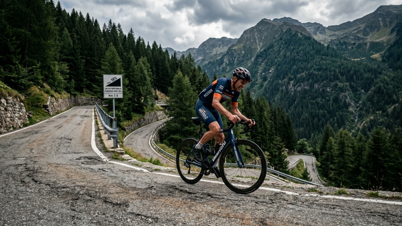 Estrada na Itália, a 1.852 metros de altitude, desafia ciclistas com 33 curvas fechadas e trechos de 18% de inclinação em um ícone alpino