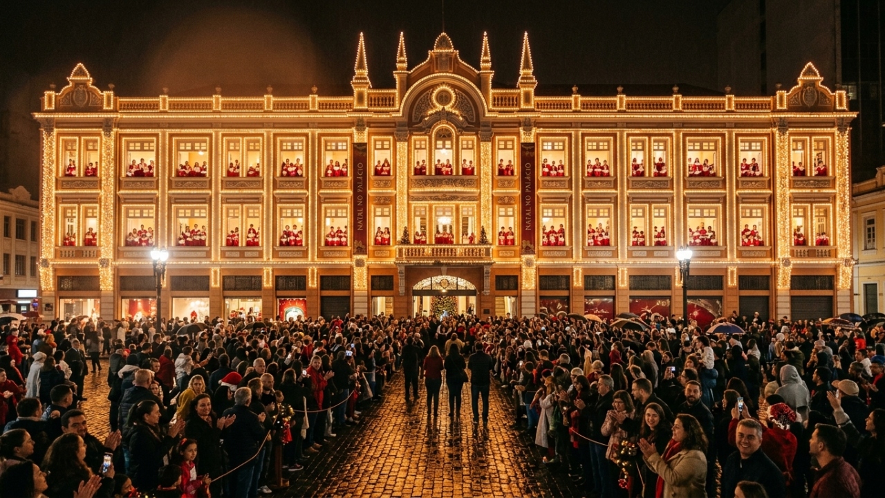 O edifício de 1929 em Curitiba decora sua fachada com 4.500 lâmpadas, tornando-se o maior símbolo natalino do Brasil