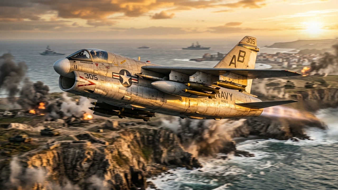 O caça A-7 Corsair II carrega 6,8 toneladas de mísseis a 1.100 km/h, consolidando sua história como um robusto vetor de ataque aéreo