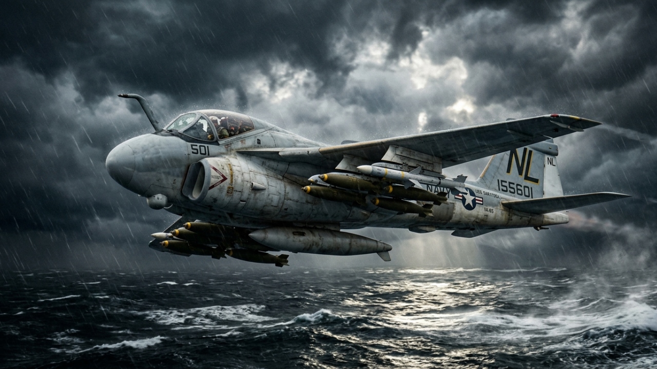 Com capacidade para 8,1 toneladas de carga e radar de precisão, o A-6 Intruder foi o bombardeiro de ataque mais versátil da Marinha dos EUA