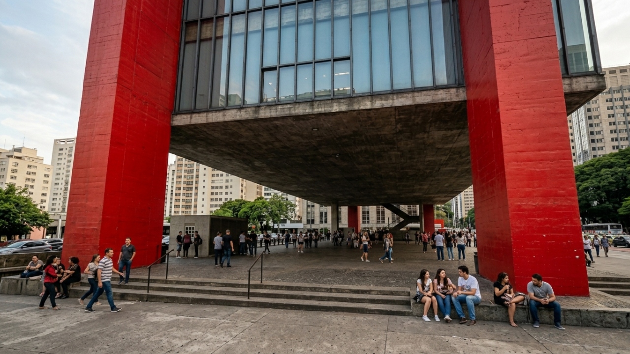 Sustentado por dois pórticos vermelhos de 74 metros, o MASP em São Paulo detém o maior vão livre em um edifício suspenso do mundo