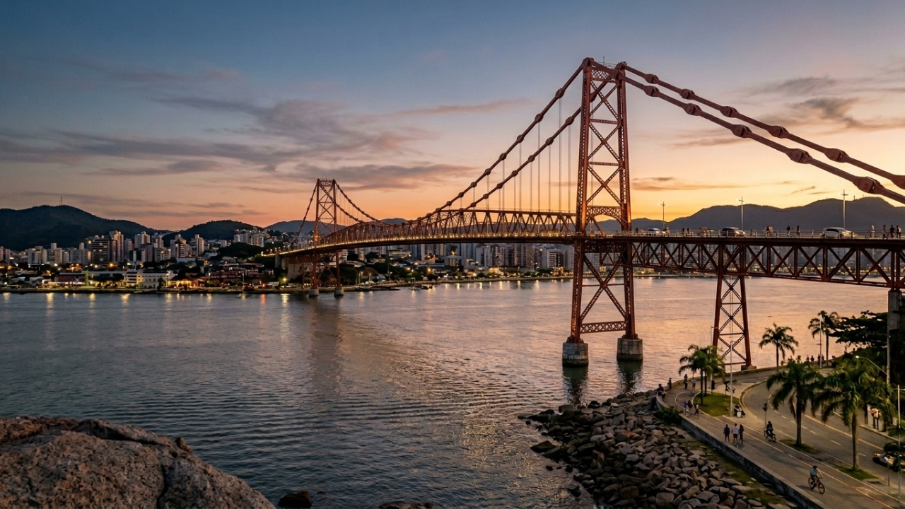 Com 821 metros de extensão e 74 metros de altura, a Ponte Hercílio Luz em Florianópolis surge como o maior símbolo da engenharia catarinense
