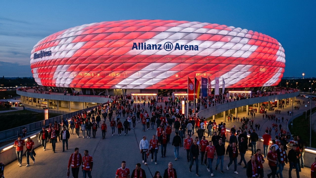 Com capacidade para 75.000 pessoas e fachada de quase 2.900 painéis infláveis, a Allianz Arena é o estádio com a fachada iluminada mais famosa da Europa