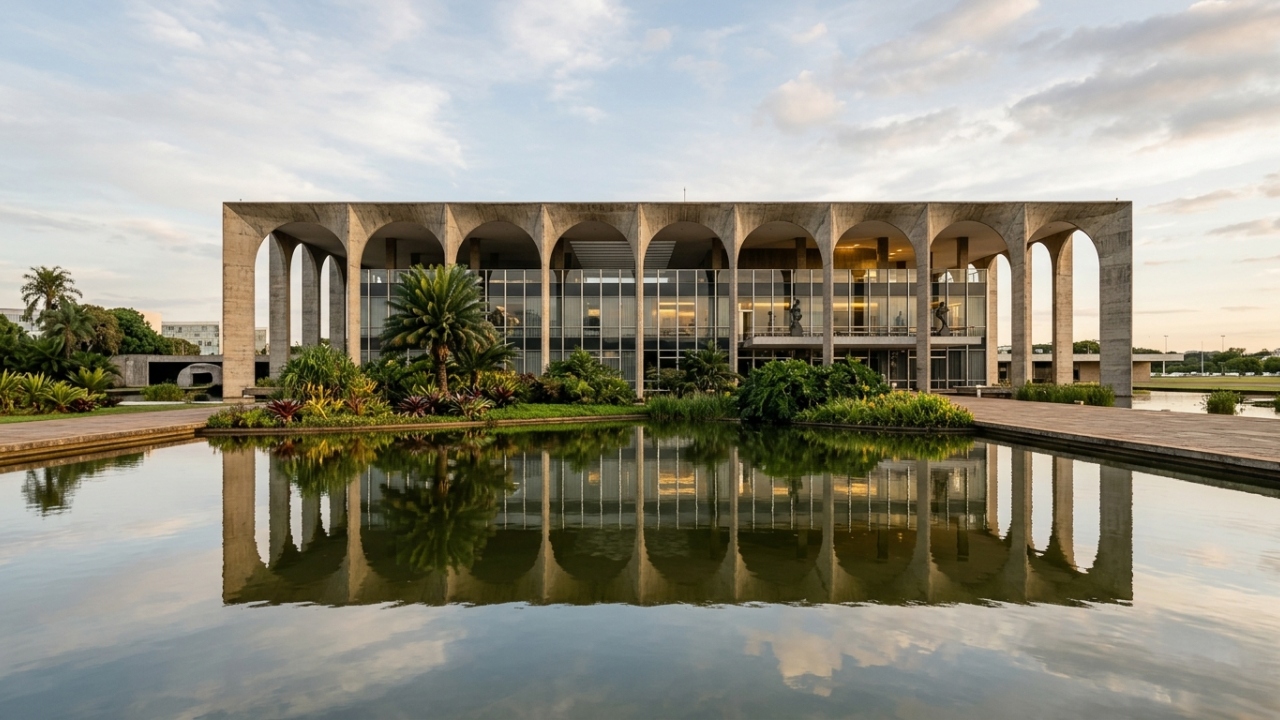 Projetado por Oscar Niemeyer e inaugurado em 1970, o palácio brasiliense exibe arcos de concreto sobre espelhos d'água e jardins de Burle Marx