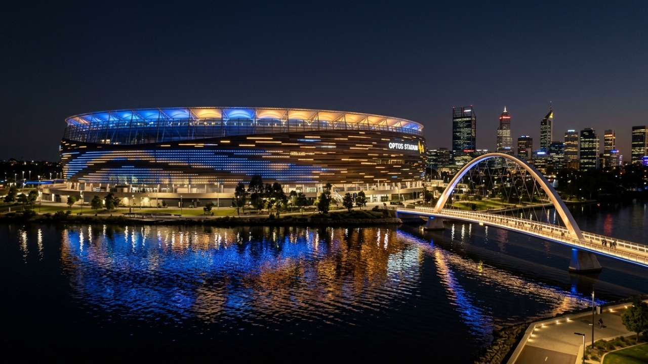 Com 65.000 torcedores e luzes LED dinâmicas, esta arena em Perth é o maior marco da arquitetura esportiva da Oceania