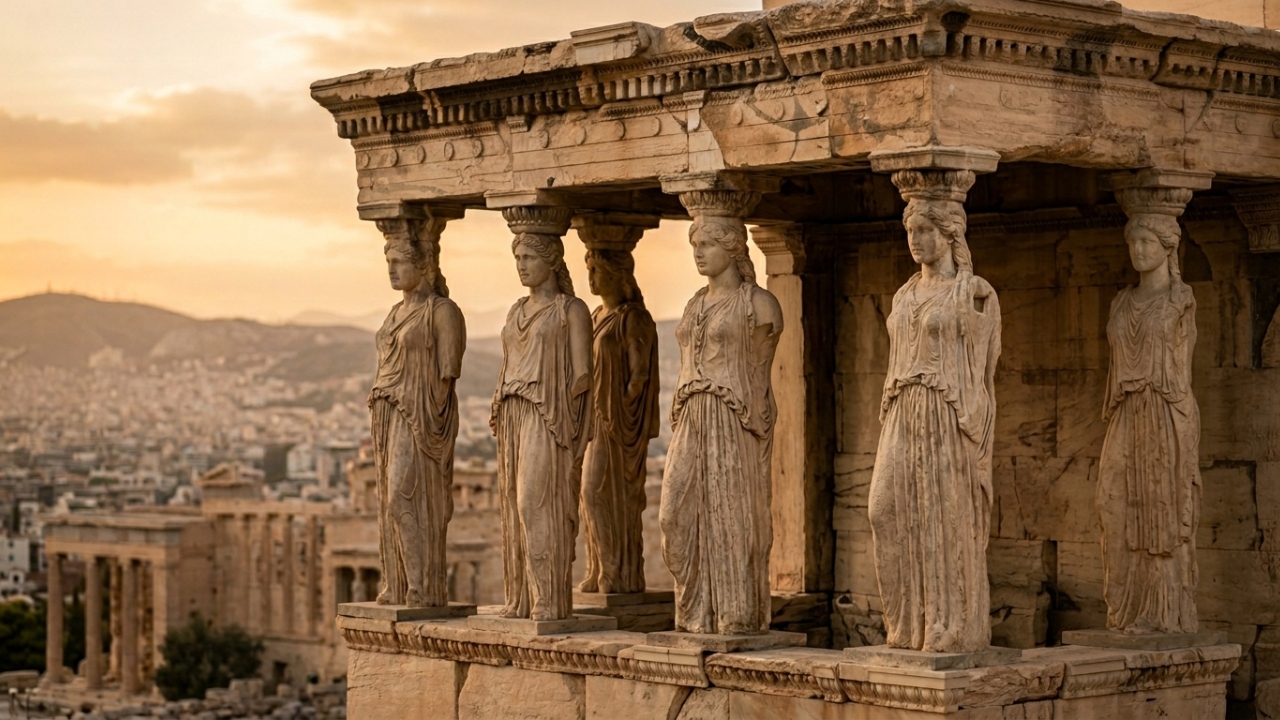 Com suas 6 estátuas de cariátides esculpidas em 406 a.C., o templo virou a obra-prima mais enigmática da arquitetura clássica na Acrópole de Atenas