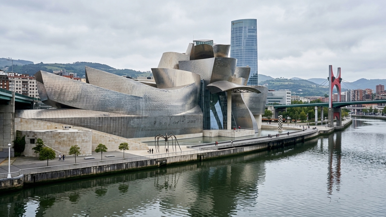 Com 24 mil m² e 33 mil placas de titânio, o museu de Frank Gehry em Bilbao surge como a obra-prima da arquitetura desconstrutivista mundial