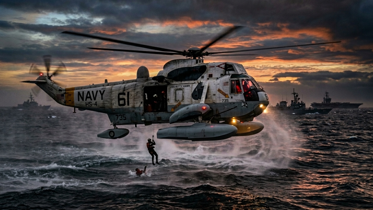 O helicóptero anfíbio SH-3 Sea King, com seus 19 metros de rotor, revolucionou a guerra antissubmarino e as operações navais desde 1959