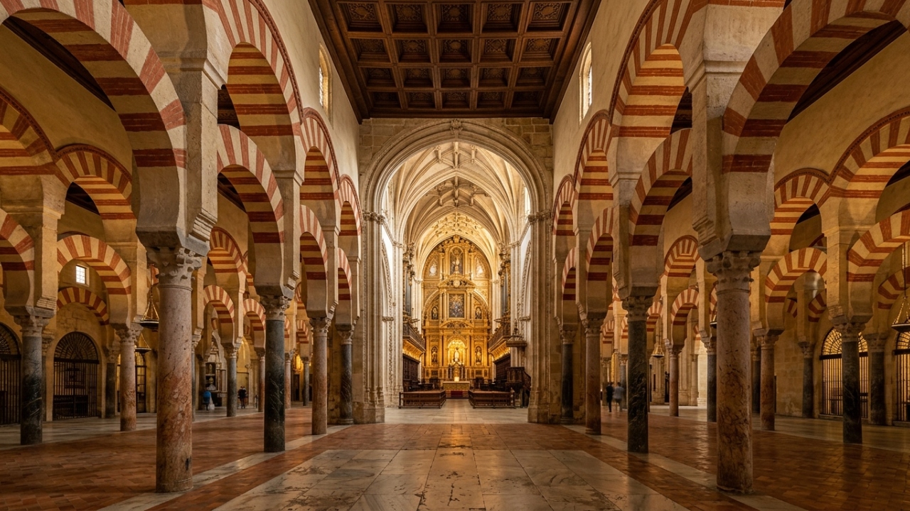 Com 856 colunas e 23 mil metros quadrados, a Mesquita-Catedral de Córdoba é o maior símbolo do encontro entre a arte islâmica e cristã