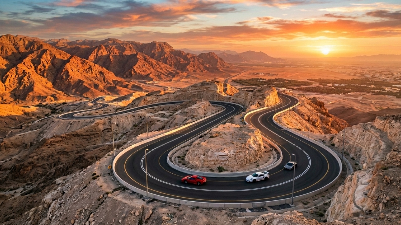 Com 7 km de subida e 60 curvas fechadas, a estrada nos Emirados Árabes escala 1.200 metros de altura em pleno deserto
