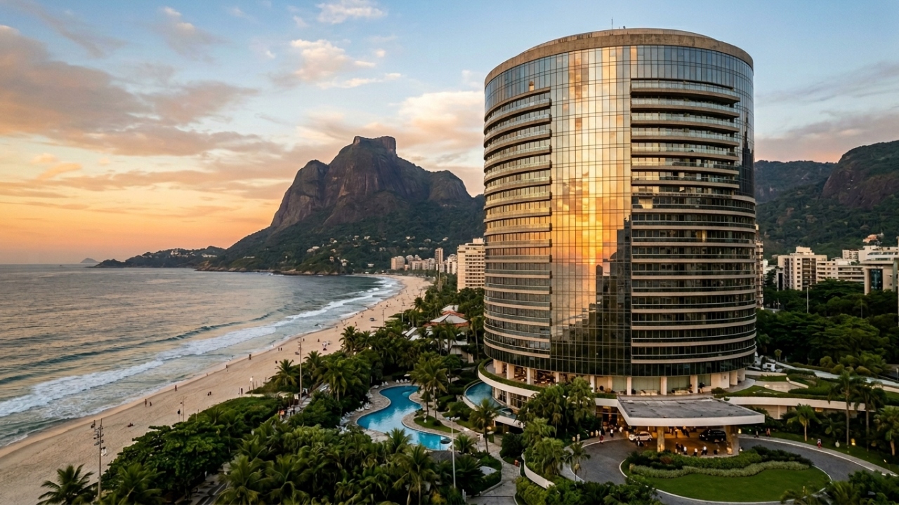 Com sua torre cilíndrica de 33 andares e projeto de Niemeyer, o ícone de 1972 domina a paisagem de São Conrado e a história da hotelaria carioca