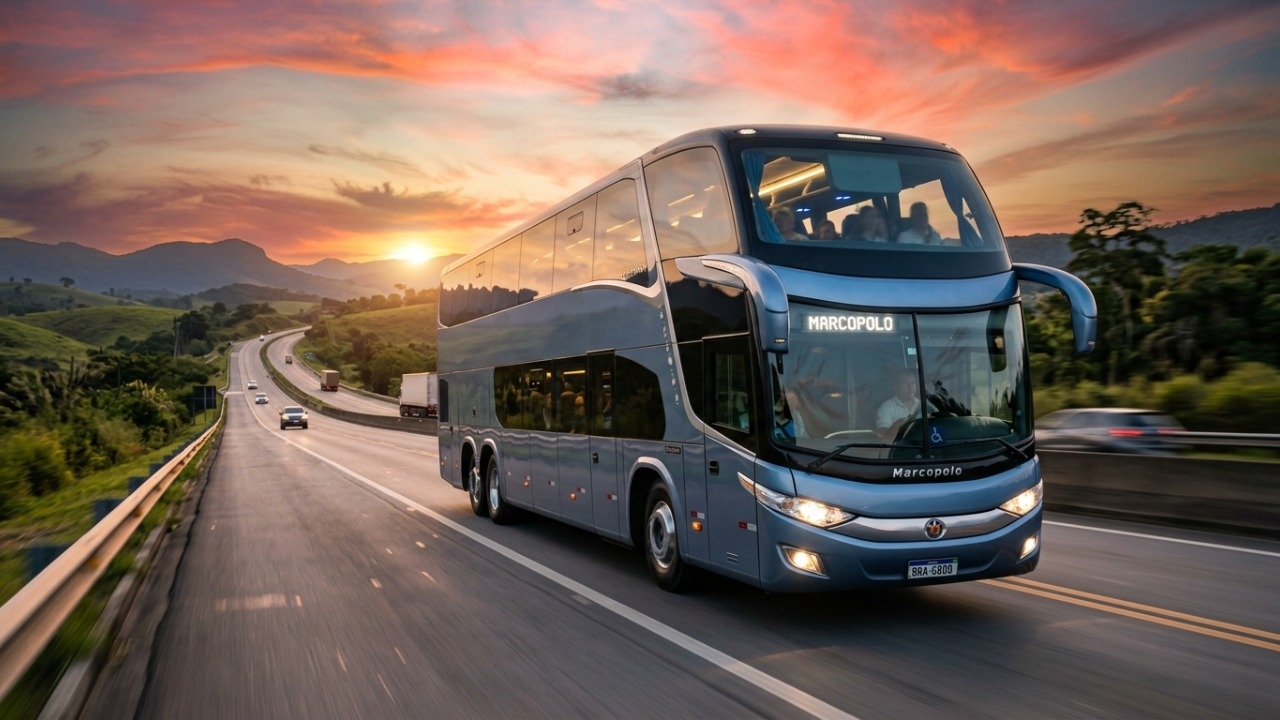 O ônibus de dois andares que virou hotel sobre rodas com poltrona leito, bagageiro gigante e motor de estrada