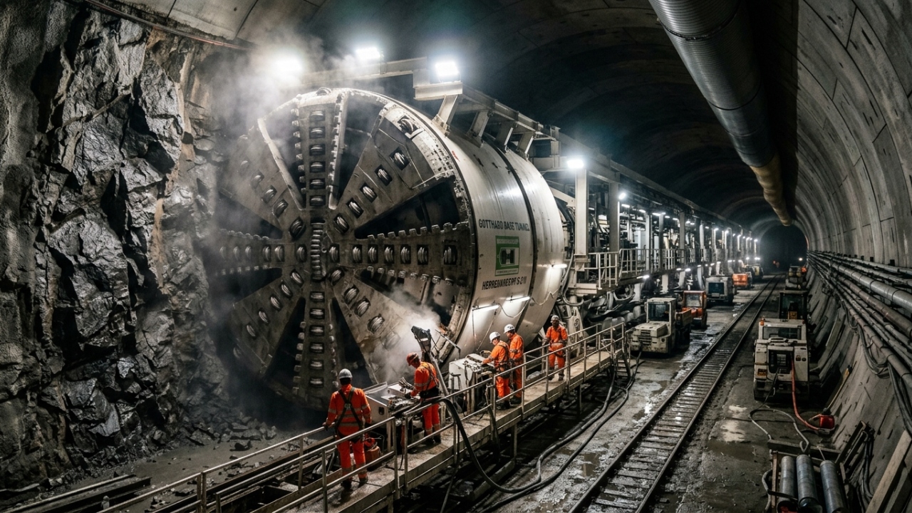 Brocas gigantes, resfriamento térmico e rocha moída se juntam na Suíça para escavar o túnel mais longo e profundo do mundo
