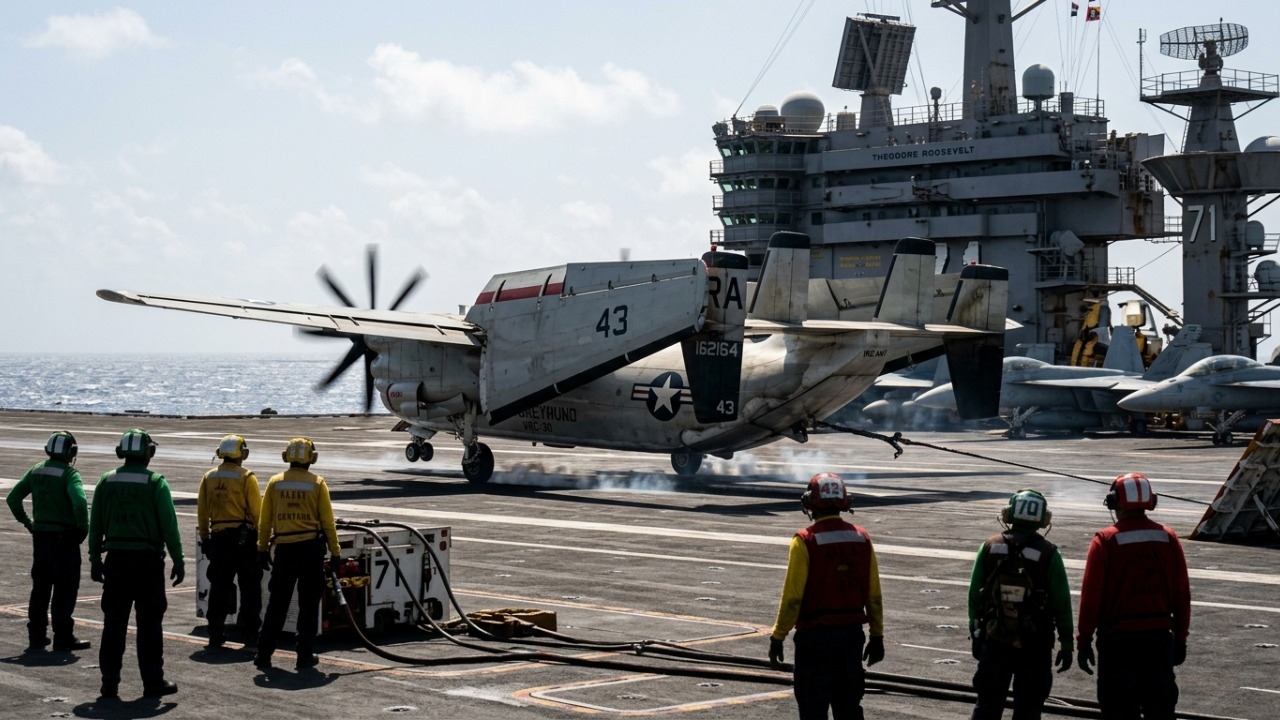 Capaz de transportar 4,5 toneladas de carga em porta-aviões, esta aeronave virou o elo vital que abastece a frota naval dos EUA